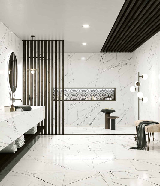 EK Marquina White Polished Sarana Tile Floor Mart Canada